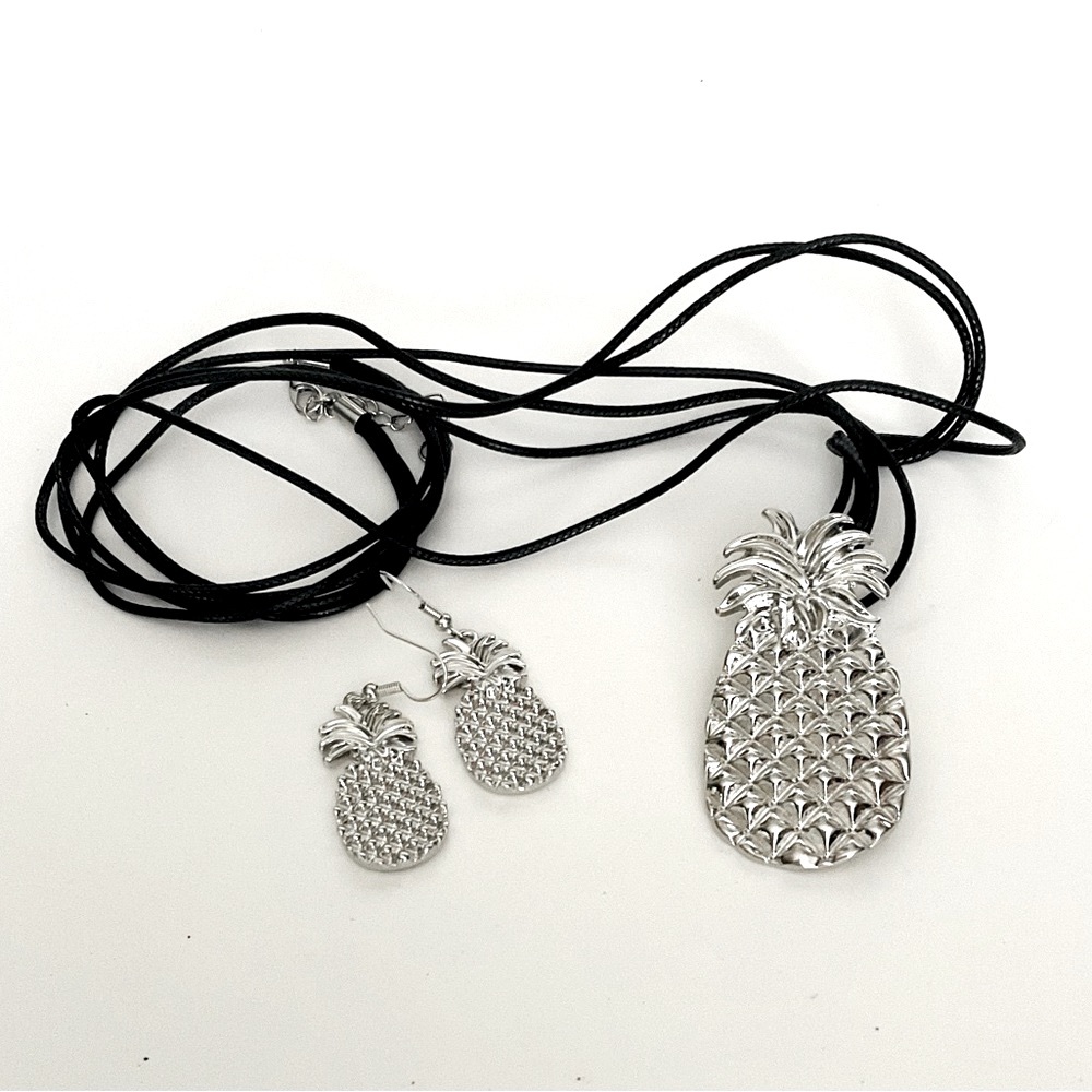Pineapple Black Cord Necklace with matching Dangle Earrings
